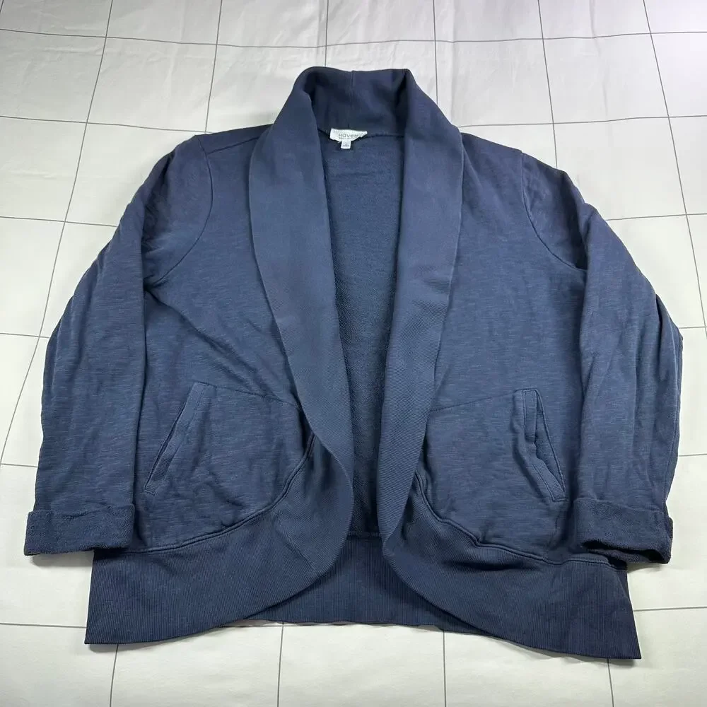 Haven Well Within Sweater Womens Medium Navy Blue Cardigan Open Roll Neck Casual